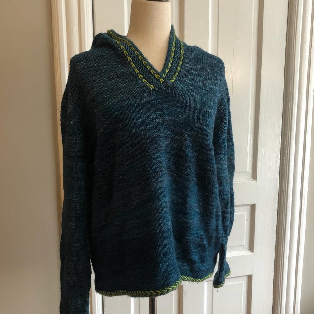 Neon Blue and Green Chunky Knit Hoodie Sweater S-M